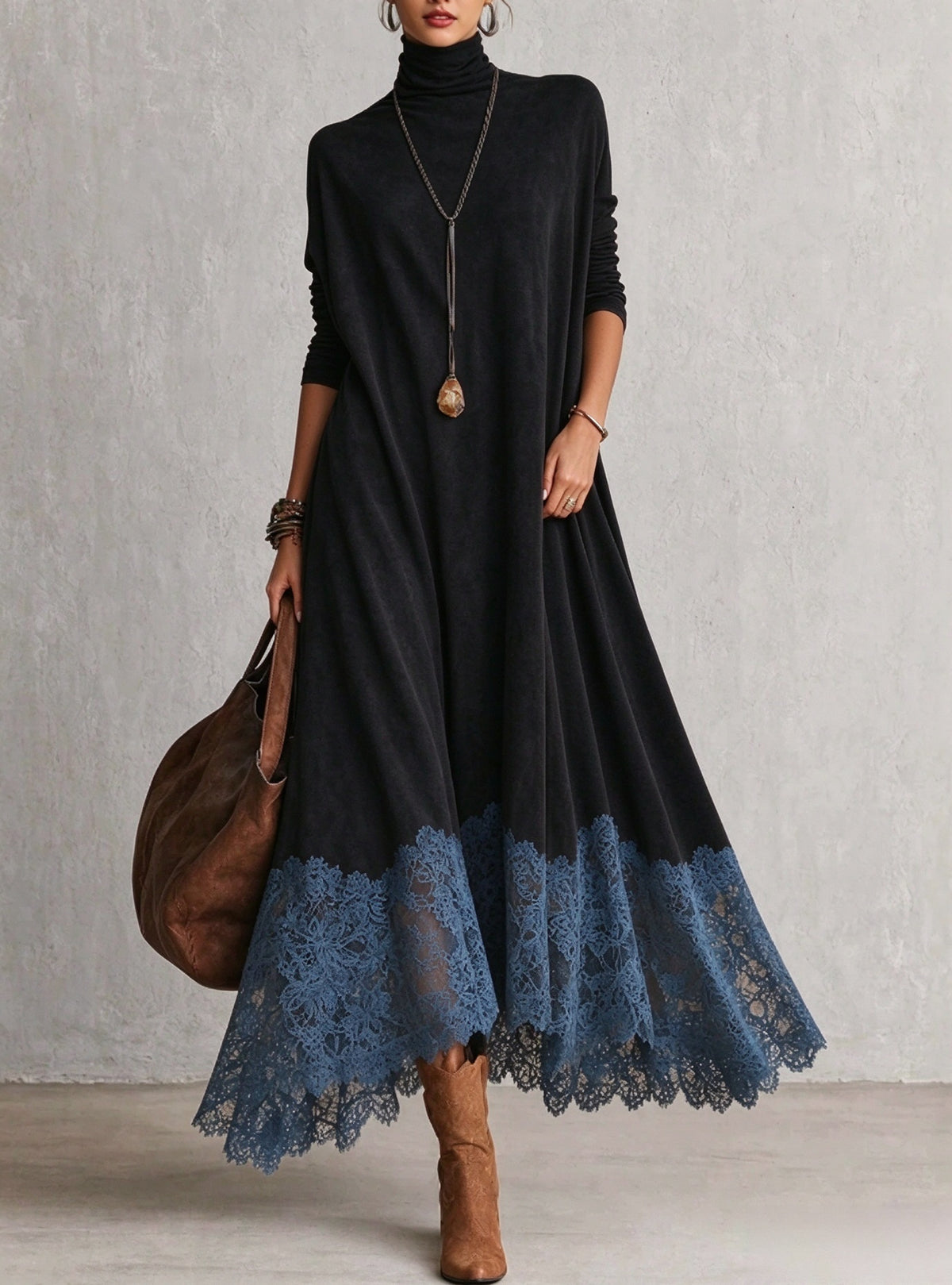 🤲LAST DAY SAVE 49% ⏰Women's Casual Loose-fit A-line Dress With Lace Paneling, High Neck, And Long Sleeves