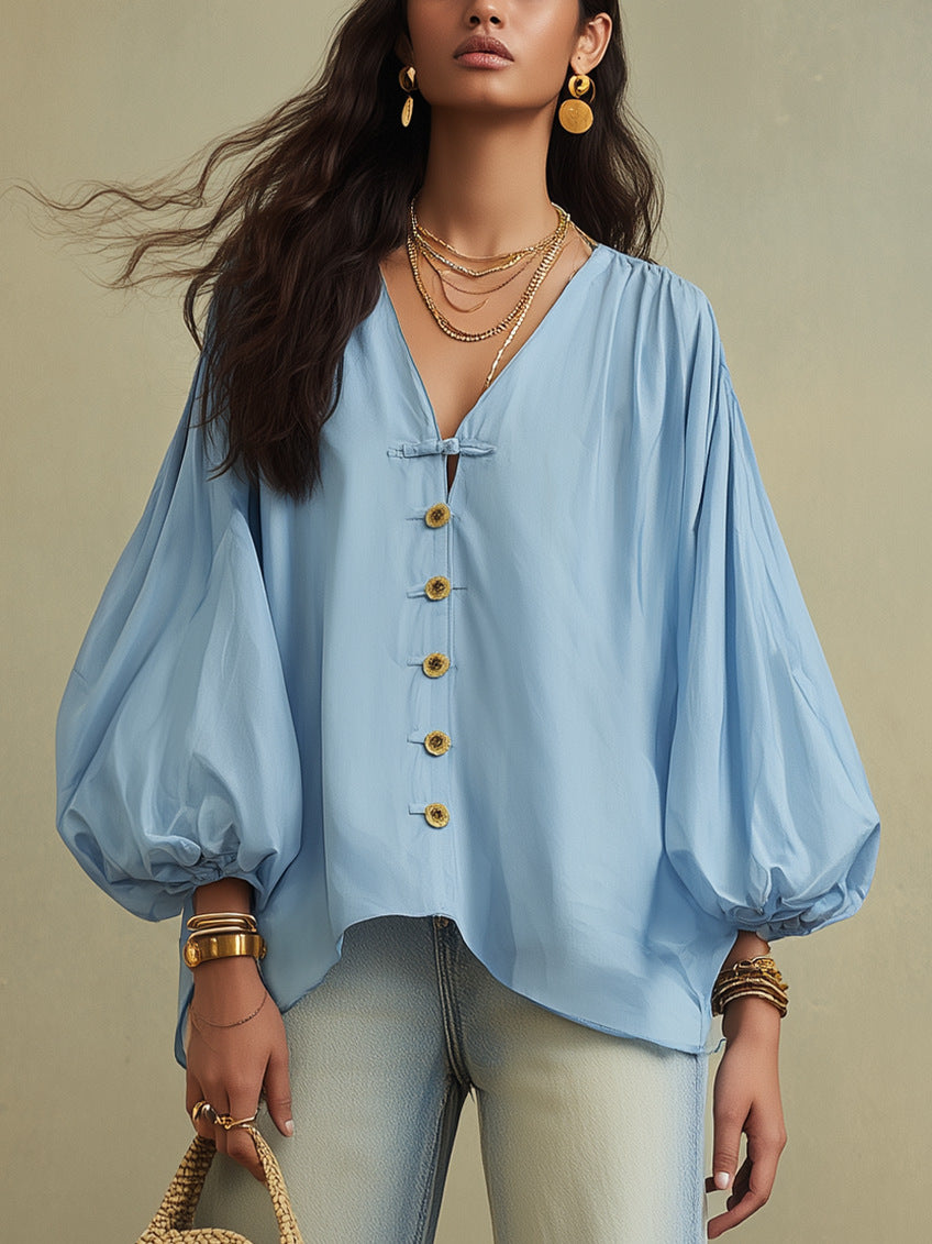 🌷Relaxed V-Neck Puff Sleeve Blouse – Effortless Everyday Style