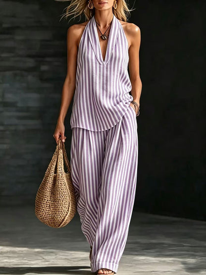 Casual Striped Halter-Neck Top and Wide-Leg Pants Set
