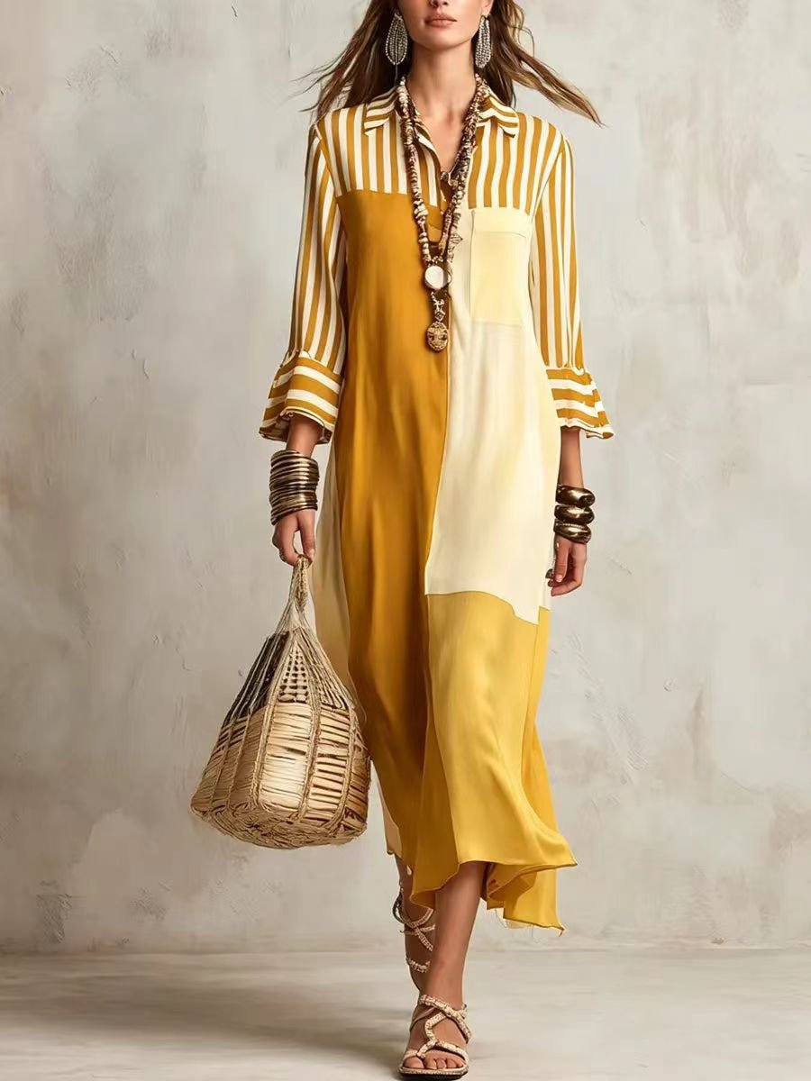 🌷Women's Striped Color Block Midi Shirt Dress, Contrast Patchwork Bell Sleeve Shirt Midi Dress
