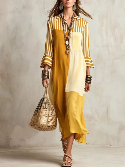 🌷Women's Striped Color Block Midi Shirt Dress, Contrast Patchwork Bell Sleeve Shirt Midi Dress