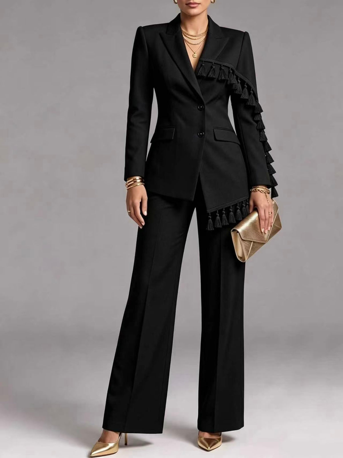 🤲LAST DAY SAVE 49% ⏰Elegant Tassel Trim Blazer & Wide-Leg Pants Set