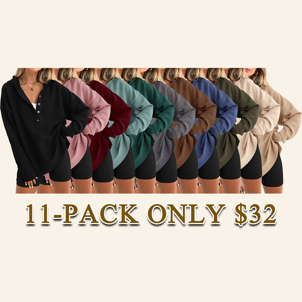 💚Women's Oversized Button V-Neck Hoodie Sweatshirt Long Sleeve Side Slit Casual Fall Pullover Top