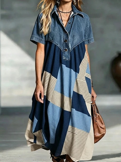 🤲LAST DAY SAVE 49% ⏰Women’s Denim Spliced Gradient Leopard Print Shirt Midi Dress