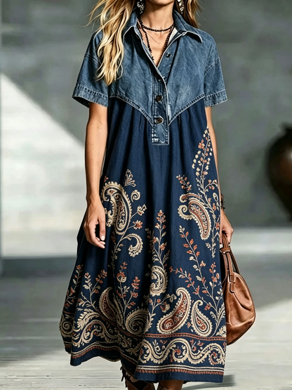 🤲LAST DAY SAVE 49% ⏰Women’s Denim Spliced Gradient Leopard Print Shirt Midi Dress