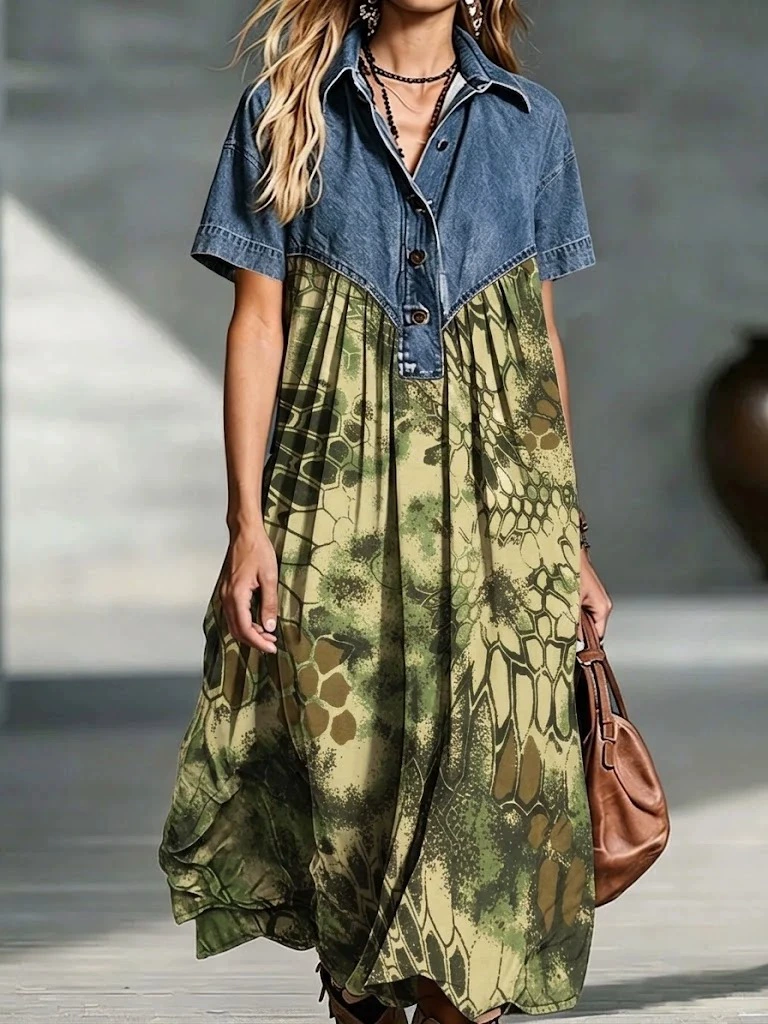 🤲LAST DAY SAVE 49% ⏰Women’s Denim Spliced Gradient Leopard Print Shirt Midi Dress