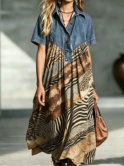 🤲LAST DAY SAVE 49% ⏰Women’s Denim Spliced Gradient Leopard Print Shirt Midi Dress