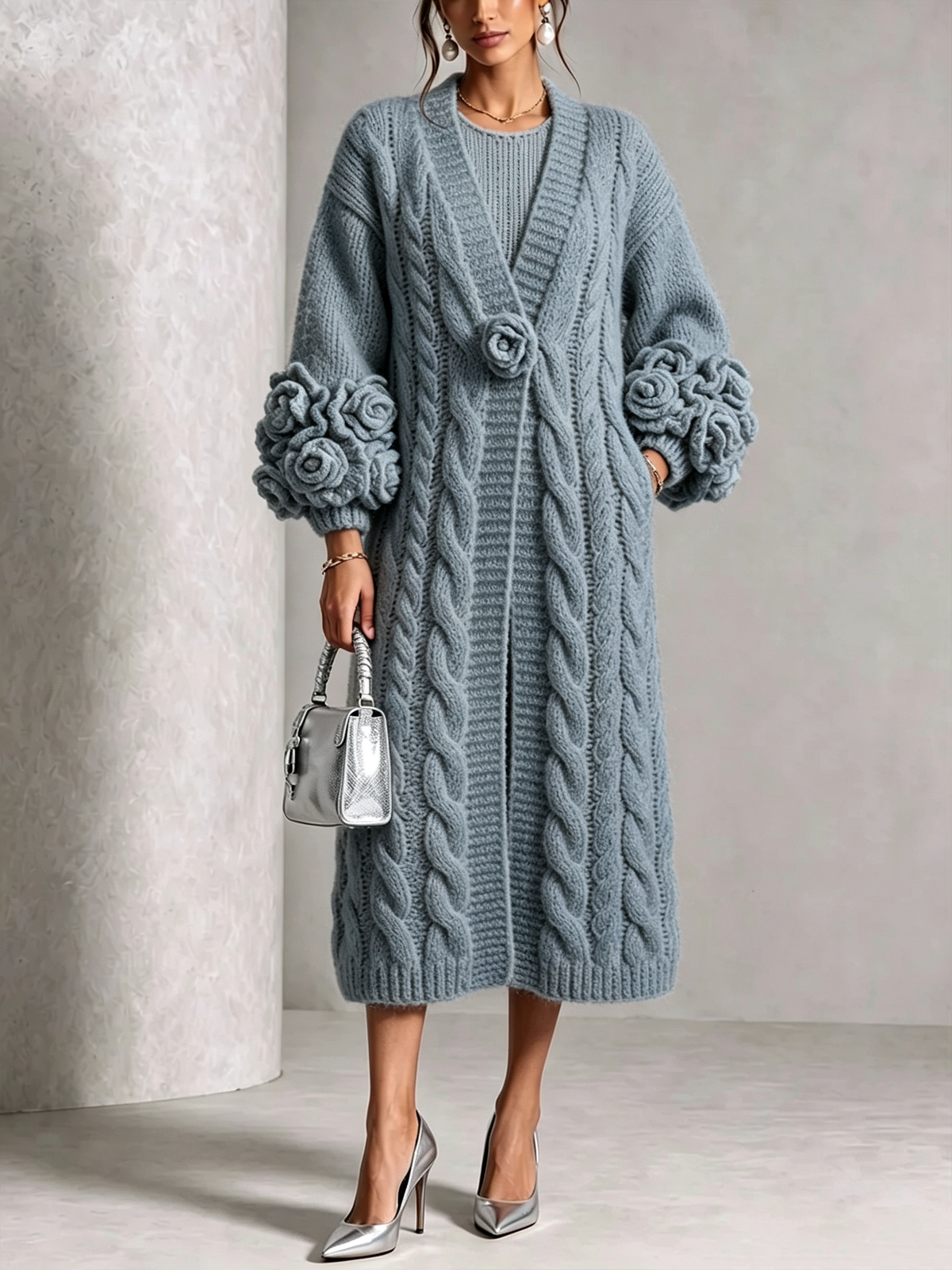 🤲LAST DAY SAVE 49% ⏰Chic Cream Floral Accented Cable-Knit Cardigan— FREE Handbag