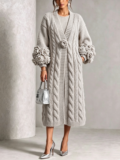 🤲LAST DAY SAVE 49% ⏰Chic Cream Floral Accented Cable-Knit Cardigan— FREE Handbag