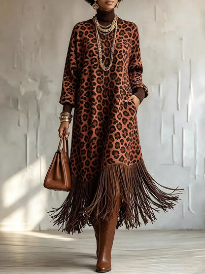 🤲LAST DAY SAVE 49% ⏰Boho Chic Wild Leopard Fringe Dress— FREE Handbag