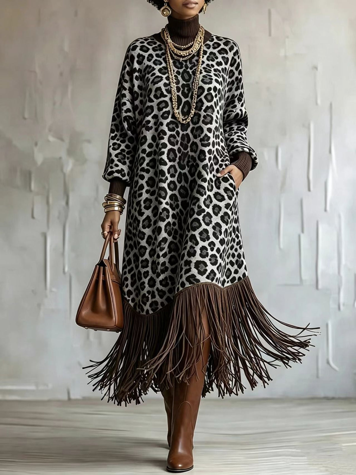 🤲LAST DAY SAVE 49% ⏰Boho Chic Wild Leopard Fringe Dress— FREE Handbag