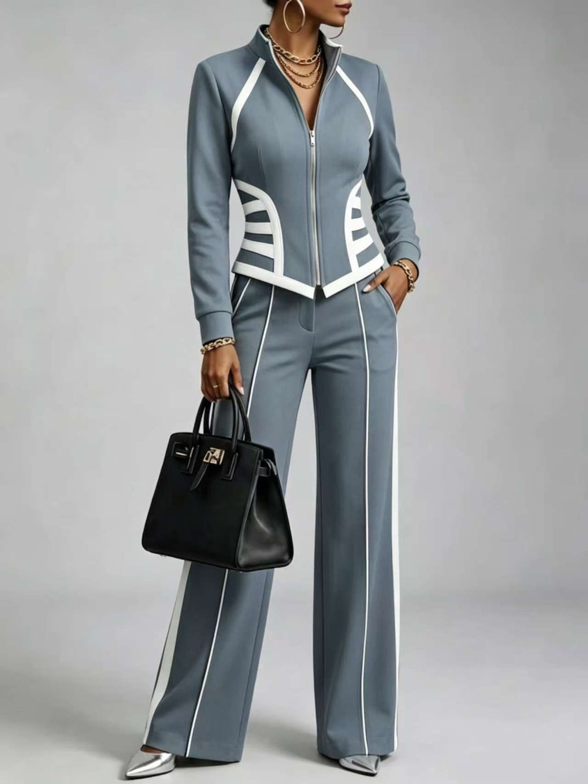 🤲LAST DAY SAVE 49% ⏰Cozy And Casual Two-piece Set Featuring A Slim-fit, Stretchy Zip-up Sweatshirt And Pants With Black Webbing Trim— FREE Handbag
