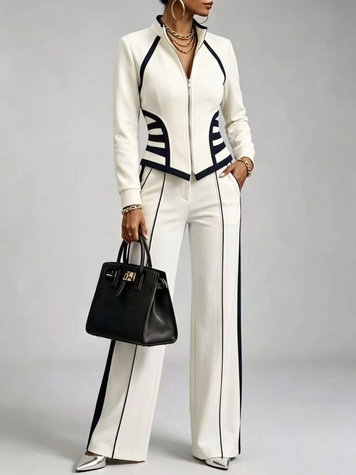 🤲LAST DAY SAVE 49% ⏰Cozy And Casual Two-piece Set Featuring A Slim-fit, Stretchy Zip-up Sweatshirt And Pants With Black Webbing Trim— FREE Handbag
