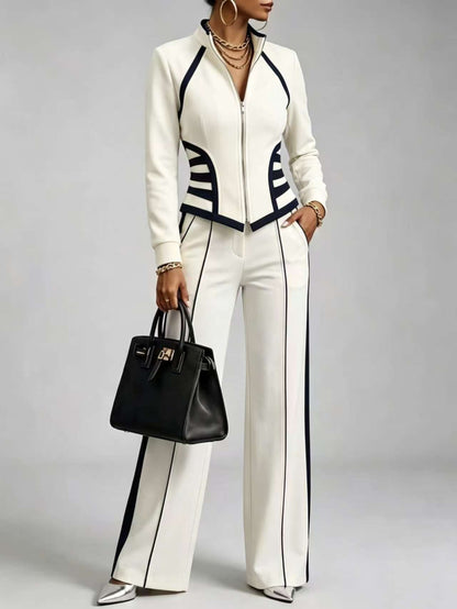 🤲LAST DAY SAVE 49% ⏰Cozy And Casual Two-piece Set Featuring A Slim-fit, Stretchy Zip-up Sweatshirt And Pants With Black Webbing Trim— FREE Handbag