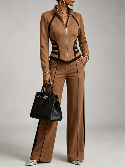 🤲LAST DAY SAVE 49% ⏰Cozy And Casual Two-piece Set Featuring A Slim-fit, Stretchy Zip-up Sweatshirt And Pants With Black Webbing Trim— FREE Handbag