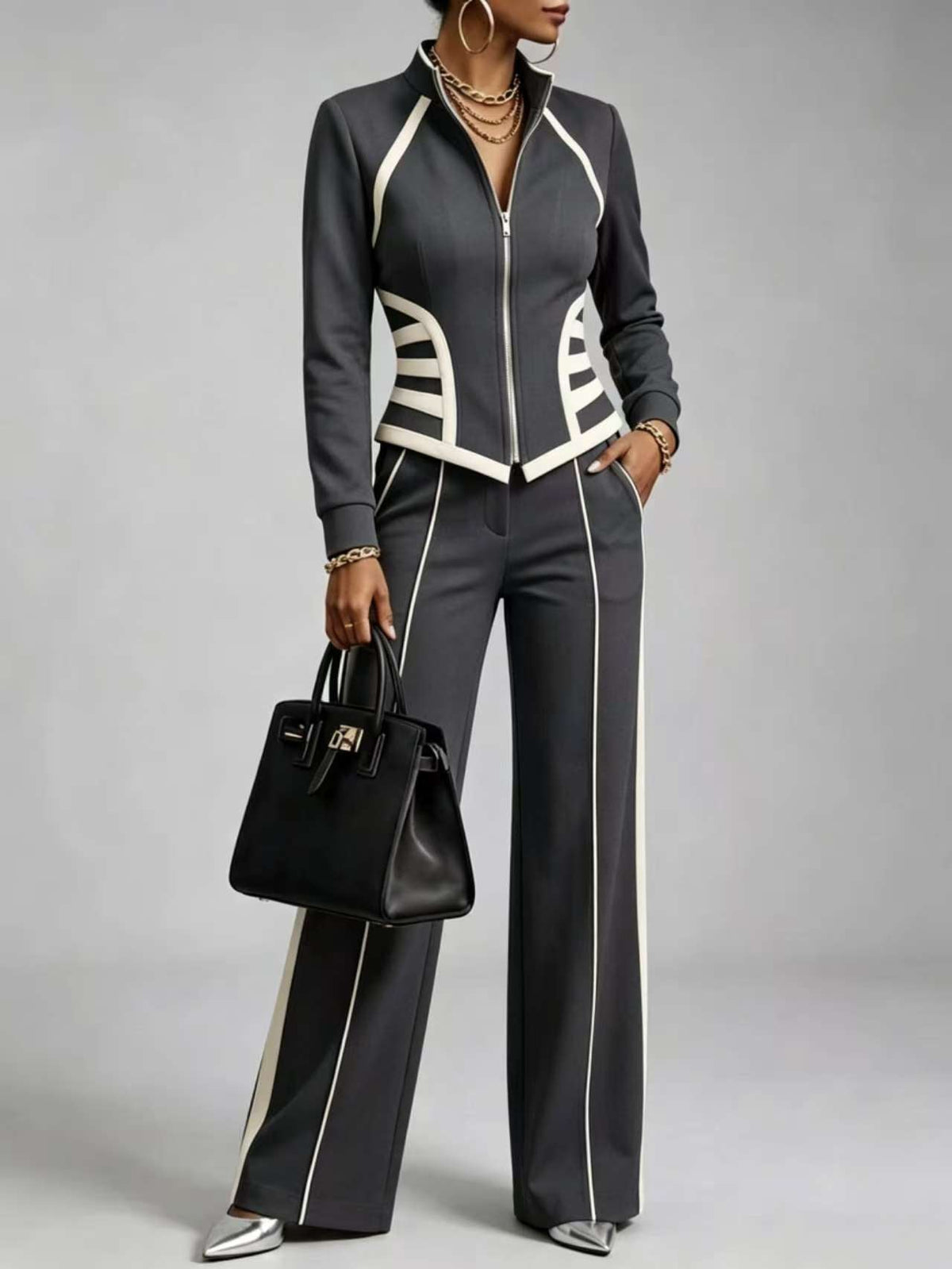 🤲LAST DAY SAVE 49% ⏰Cozy And Casual Two-piece Set Featuring A Slim-fit, Stretchy Zip-up Sweatshirt And Pants With Black Webbing Trim— FREE Handbag