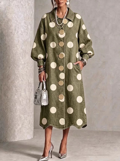 🤲LAST DAY SAVE 49% ⏰Collared Polka-dot Denim Dress With Gold Buttons, Lantern Sleeves, And Ruffled Hem