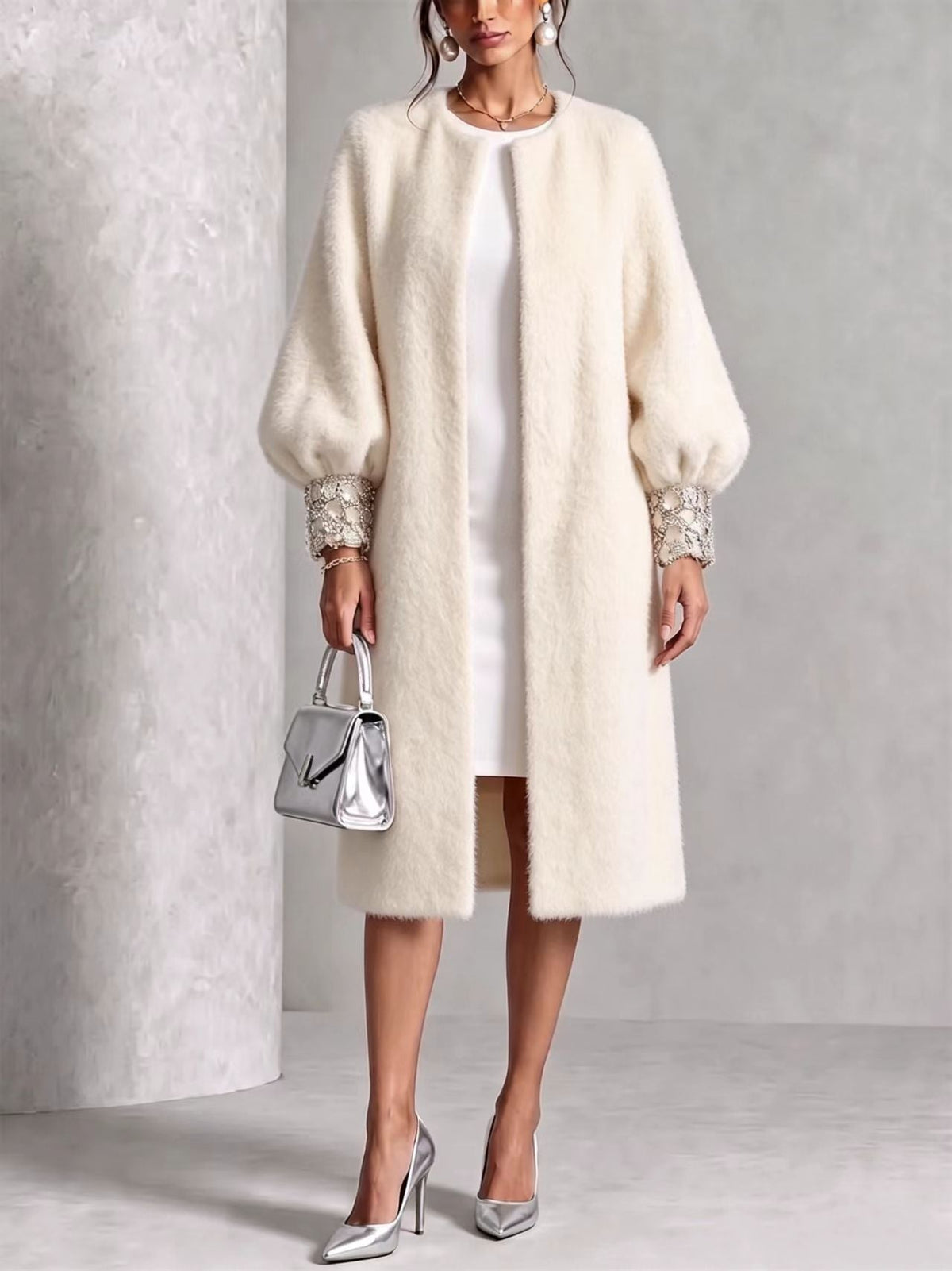 🤲LAST DAY SAVE 49% ⏰Cozy Pink Woolen Shiny Cuffs Open-front Coat— FREE Handbag