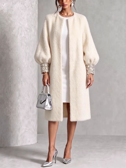 🤲LAST DAY SAVE 49% ⏰Cozy Pink Woolen Shiny Cuffs Open-front Coat— FREE Handbag