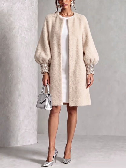 🤲LAST DAY SAVE 49% ⏰Cozy Pink Woolen Shiny Cuffs Open-front Coat— FREE Handbag