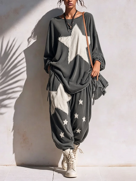 🤲LAST DAY SAVE 49% ⏰Relaxed-fit Casual Cotton Sweatshirt Set With "star Patchwork" And Raw-edge Detailing