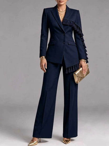 🤲LAST DAY SAVE 49% ⏰Elegant Tassel Trim Blazer & Wide-Leg Pants Set