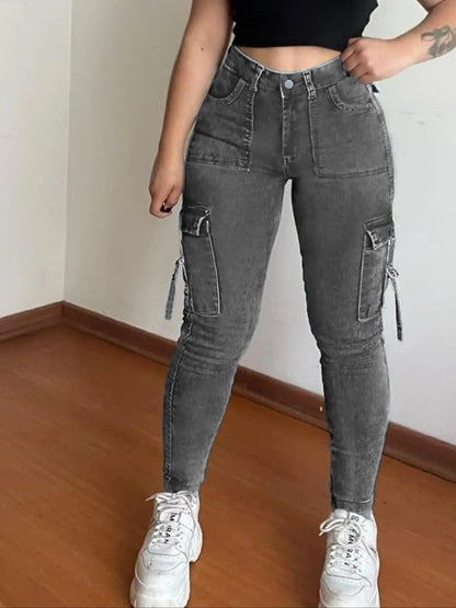 🤲🔥MID YEAR SALE🔥Women's Plain Multi-pocket Denim Elastic Slim Fit Button Cargo Denim Pants
