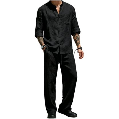 💚Men's Linen Stand Collar Long Sleeve Button Shirt & Straight Leg Belted Pants Set