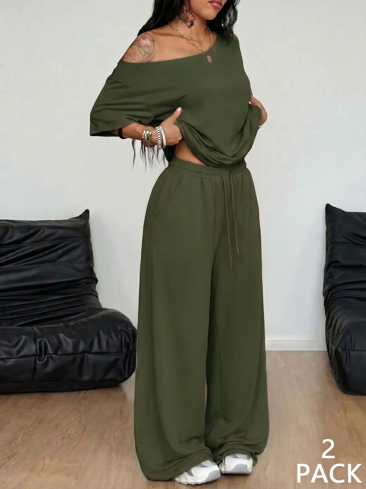🌷Special Price-7 pack-Women’s Off-Shoulder T-Shirt and Wide Leg Pants Set