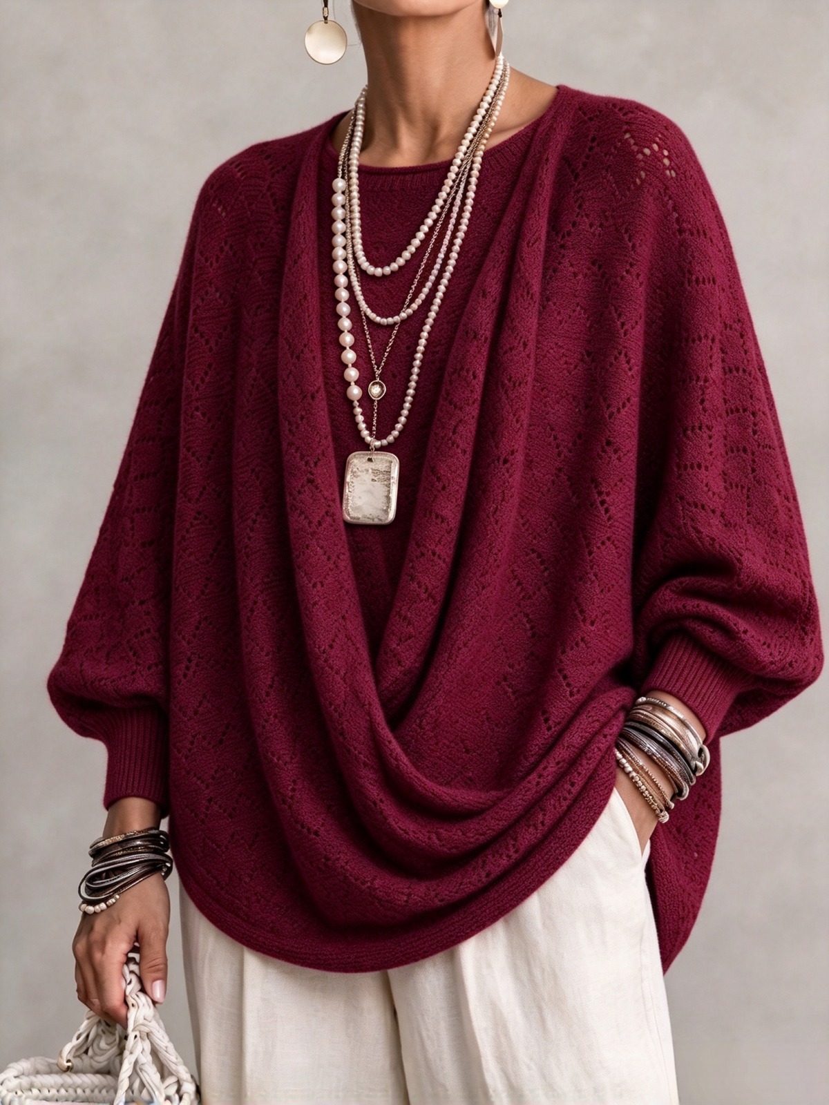 🤲LAST DAY SAVE 49% ⏰Knit Top With A Cowl Neck, Cut-out Details, And Lantern Sleeves.