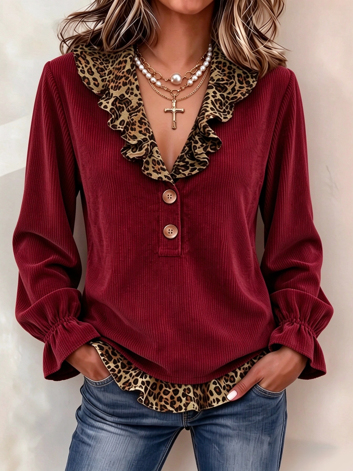 🤲LAST DAY SAVE 49% ⏰Chic Leopard-Trim Corduroy Blouse