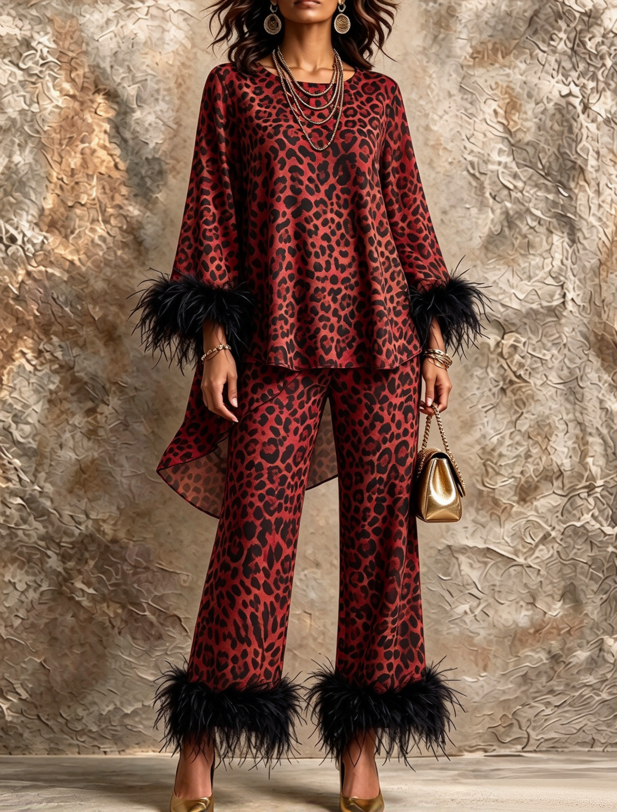 🤲LAST DAY SAVE 49% ⏰Chic Leopard Print Feather-Trimmed Two-Piece Set