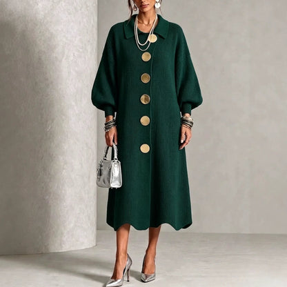 🤲LAST DAY SAVE 49% ⏰Long-sleeve Knit Dress With A Large Metal Buckle, Lapel Collar, And Lantern Sleeves