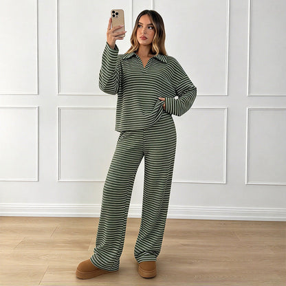 💚Long-sleeve collared striped casual wide-leg pant set