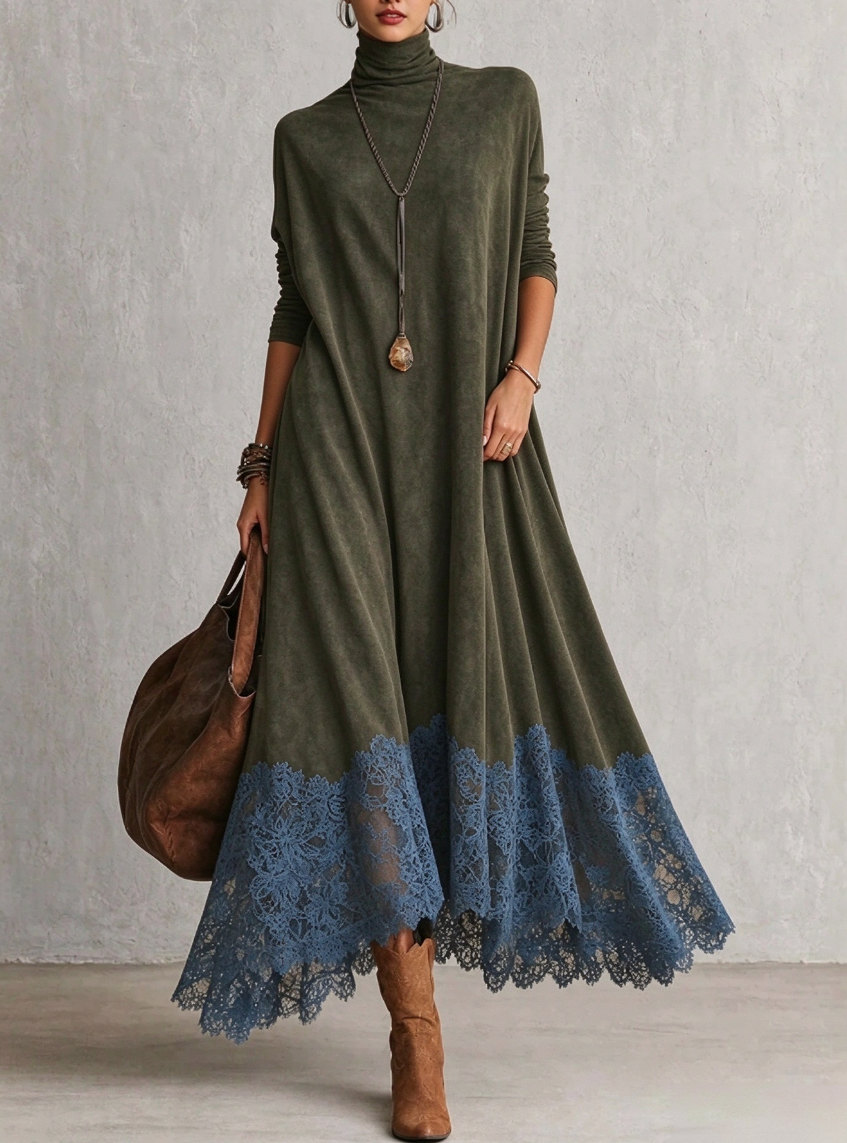 🤲LAST DAY SAVE 49% ⏰Women's Casual Loose-fit A-line Dress With Lace Paneling, High Neck, And Long Sleeves