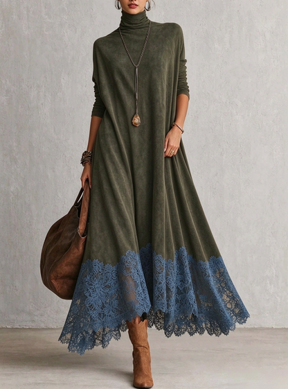🤲LAST DAY SAVE 49% ⏰Women's Casual Loose-fit A-line Dress With Lace Paneling, High Neck, And Long Sleeves