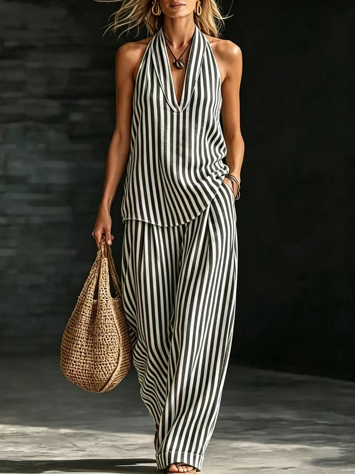 Casual Striped Halter-Neck Top and Wide-Leg Pants Set