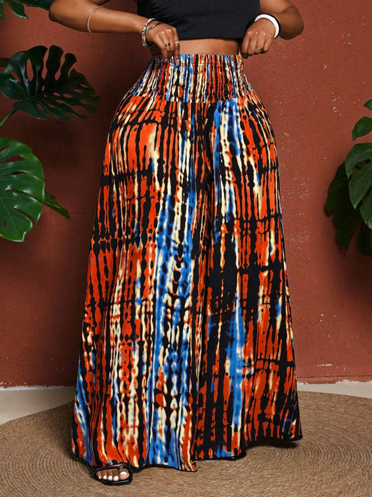 Women's Plus Size Tie-Dye Wide-Leg Pants- Travel & Daily Use