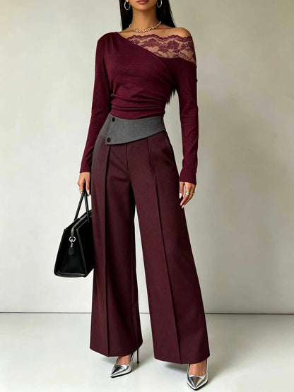 🤲LAST DAY SAVE 49% ⏰Lace-Trimmed Off-Shoulder Top & Wide-Leg Pants Set— FREE Handbag