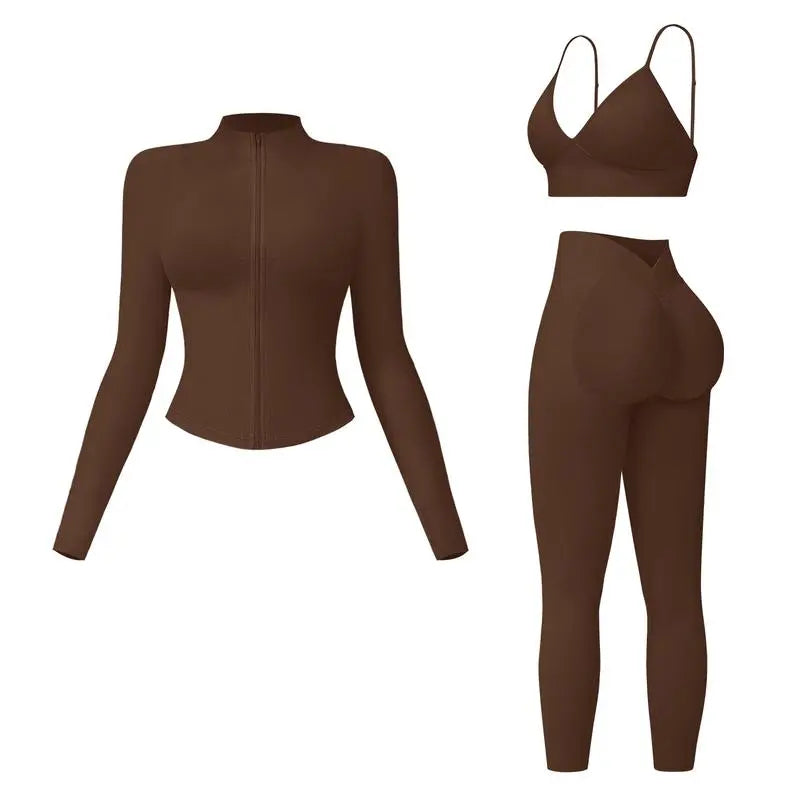 🤲Women's tank top, high-waisted leggings, and zip-up jacket 3-piece sportswear set.
