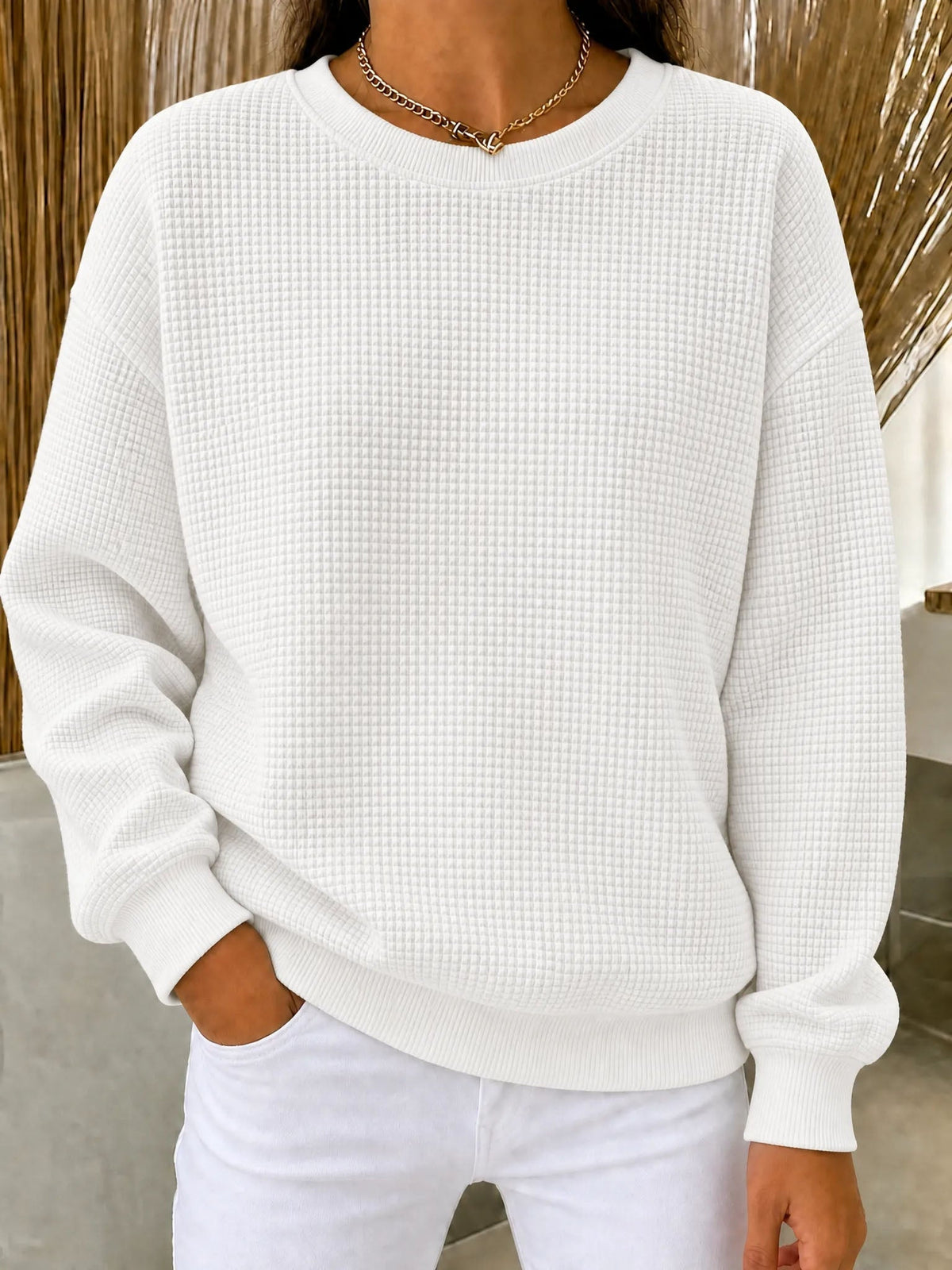 💚CLEARANCE SALE🔥Women's Waffle Knit Crewneck Sweatshirt