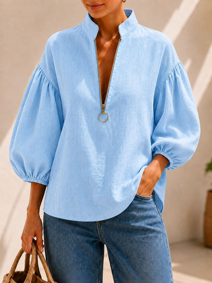 🌷Women's Relaxed V-Neck Zip Blouse – Effortless Everyday Style