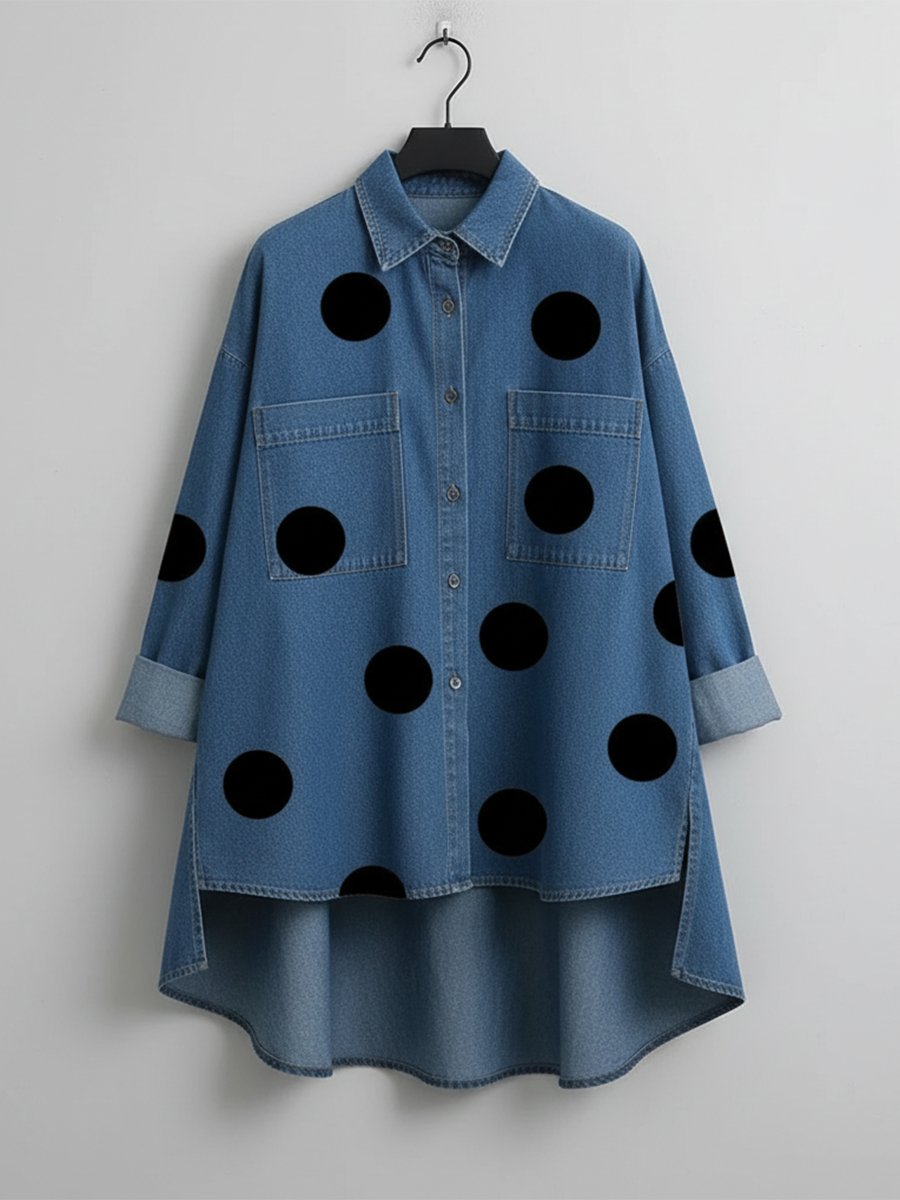 🤲LAST DAY SAVE 49% ⏰Elegant Artistic Polka Dot Print Stand-collar Denim Top