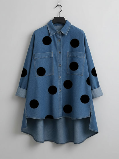 🤲LAST DAY SAVE 49% ⏰Elegant Artistic Polka Dot Print Stand-collar Denim Top