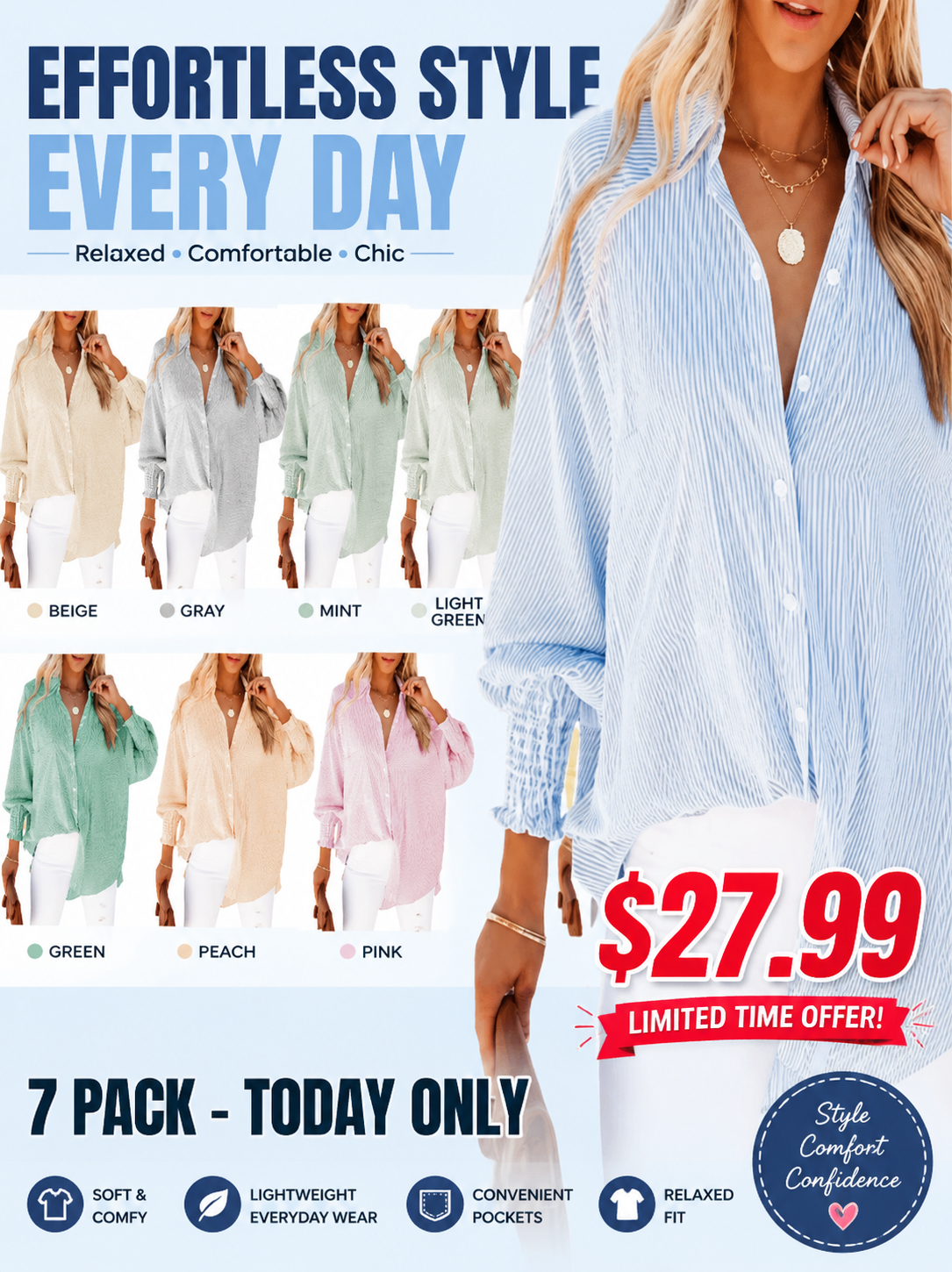 🤲🔥2026 Clearance Item🔥Women's pleated cuffs striped shirt with pockets and casual collar