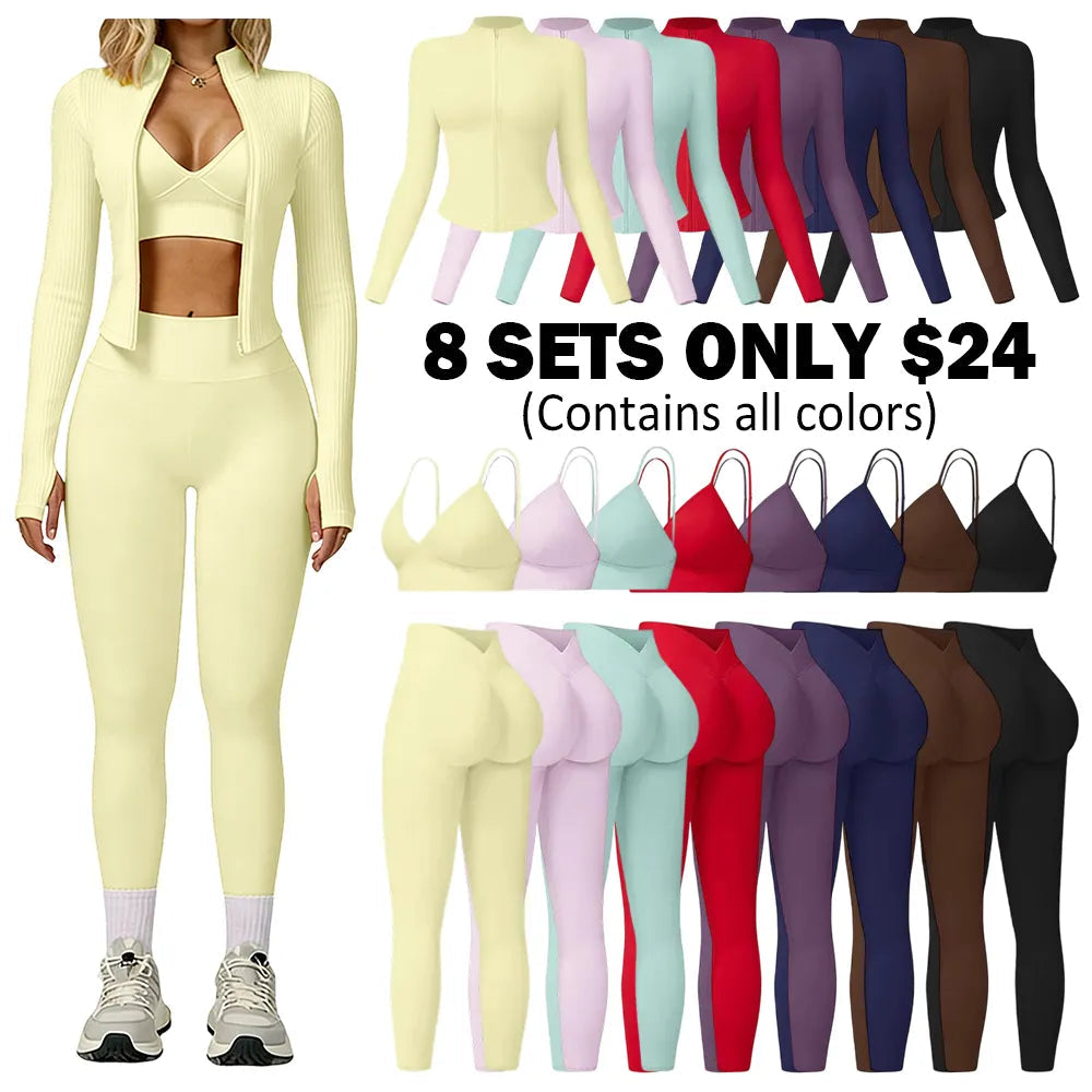 🤲Women's tank top, high-waisted leggings, and zip-up jacket 3-piece sportswear set.
