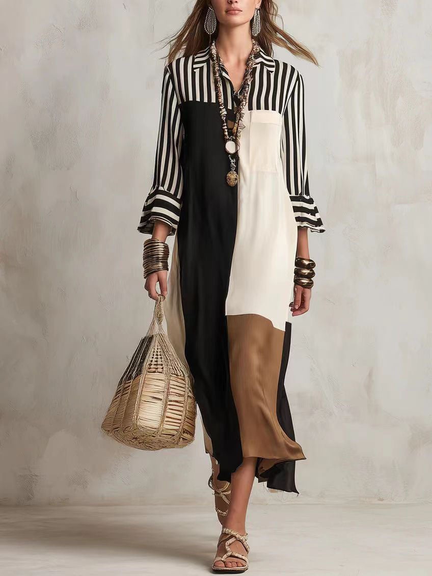 🌷Women's Striped Color Block Midi Shirt Dress, Contrast Patchwork Bell Sleeve Shirt Midi Dress