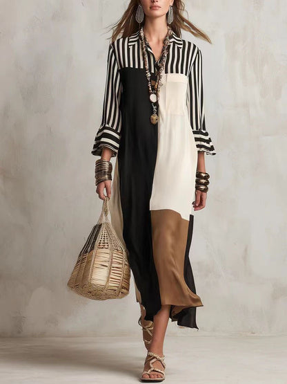 🌷Women's Striped Color Block Midi Shirt Dress, Contrast Patchwork Bell Sleeve Shirt Midi Dress