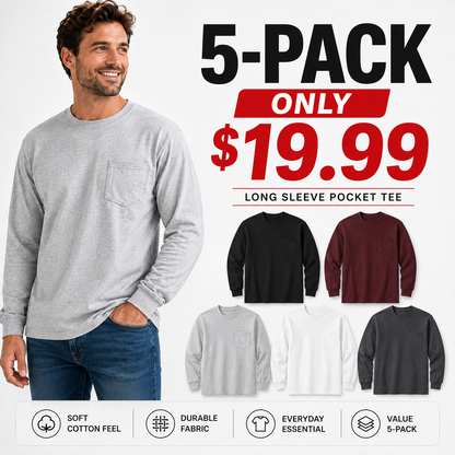 🤲Men's Heavyweight Long-Sleeve Pocket T-Shirt – Relaxed Fit Everyday Casual Tee | Big & Tall Available