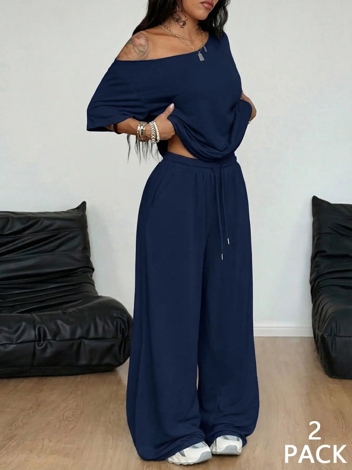 🌷Special Price-7 pack-Women’s Off-Shoulder T-Shirt and Wide Leg Pants Set